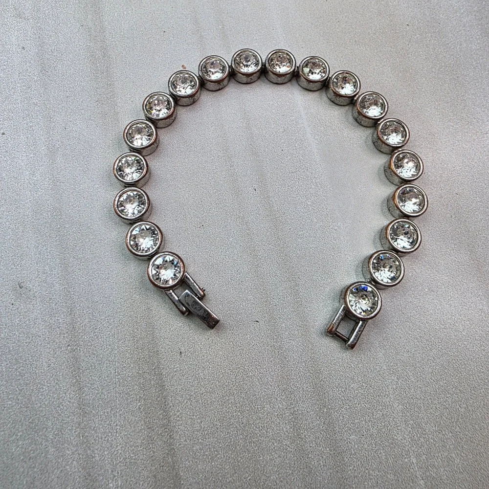 Vintage TC Stainless‎ Steel Bezel Set Clear Crystal Tennis Bracelet Silver Tone